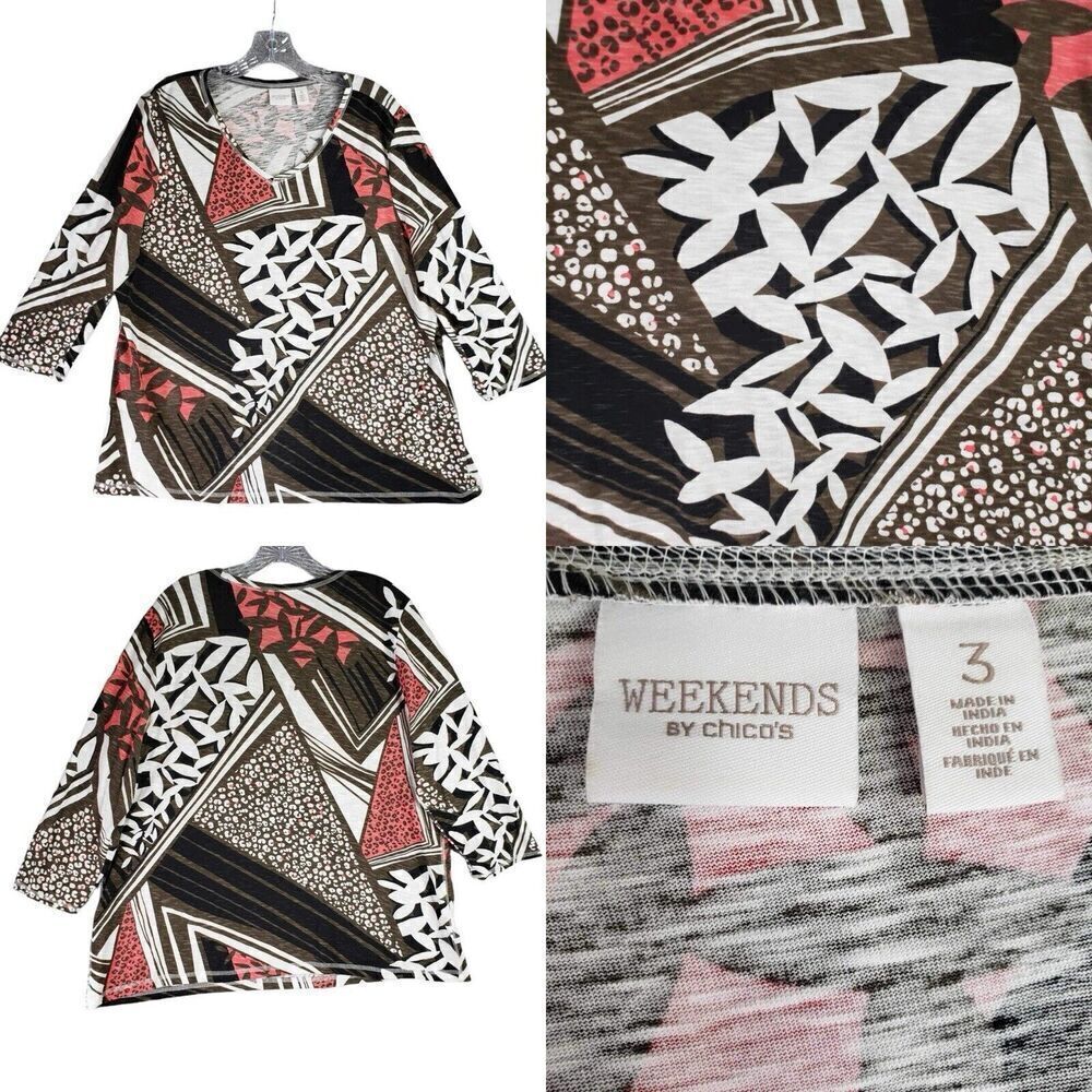 Weekend By Chicos Shirt Womens Size 3 US XL‎ Geometric Black Stretch Pullover